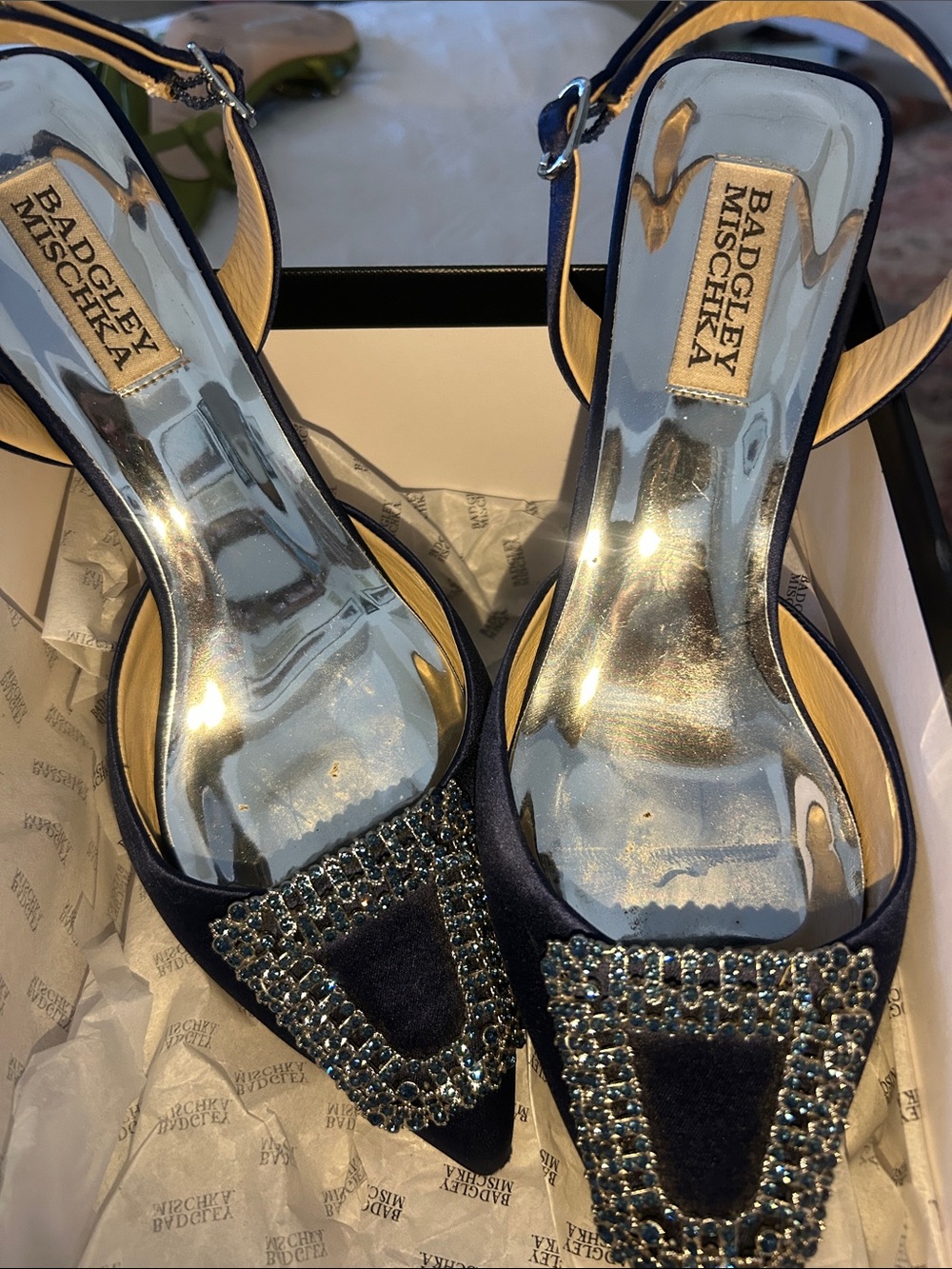 Badgley Mischka Navy Satin Crystal Buckle Slingback Heels
